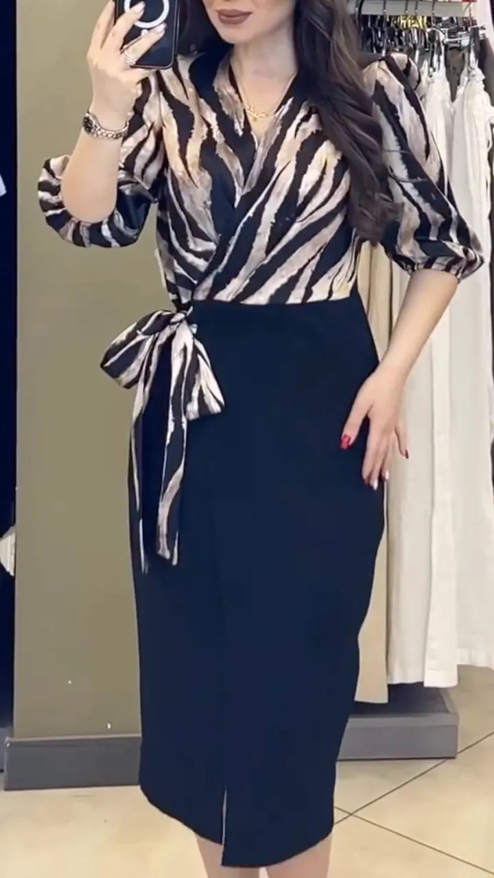 Zebra-Print Wrap-Bodice Contrast Pencil Midi Dress