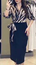 Zebra-Print Wrap-Bodice Contrast Pencil Midi Dress