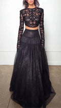 Black Geometric Sheer Crop Top and Tiered Maxi Skirt Set