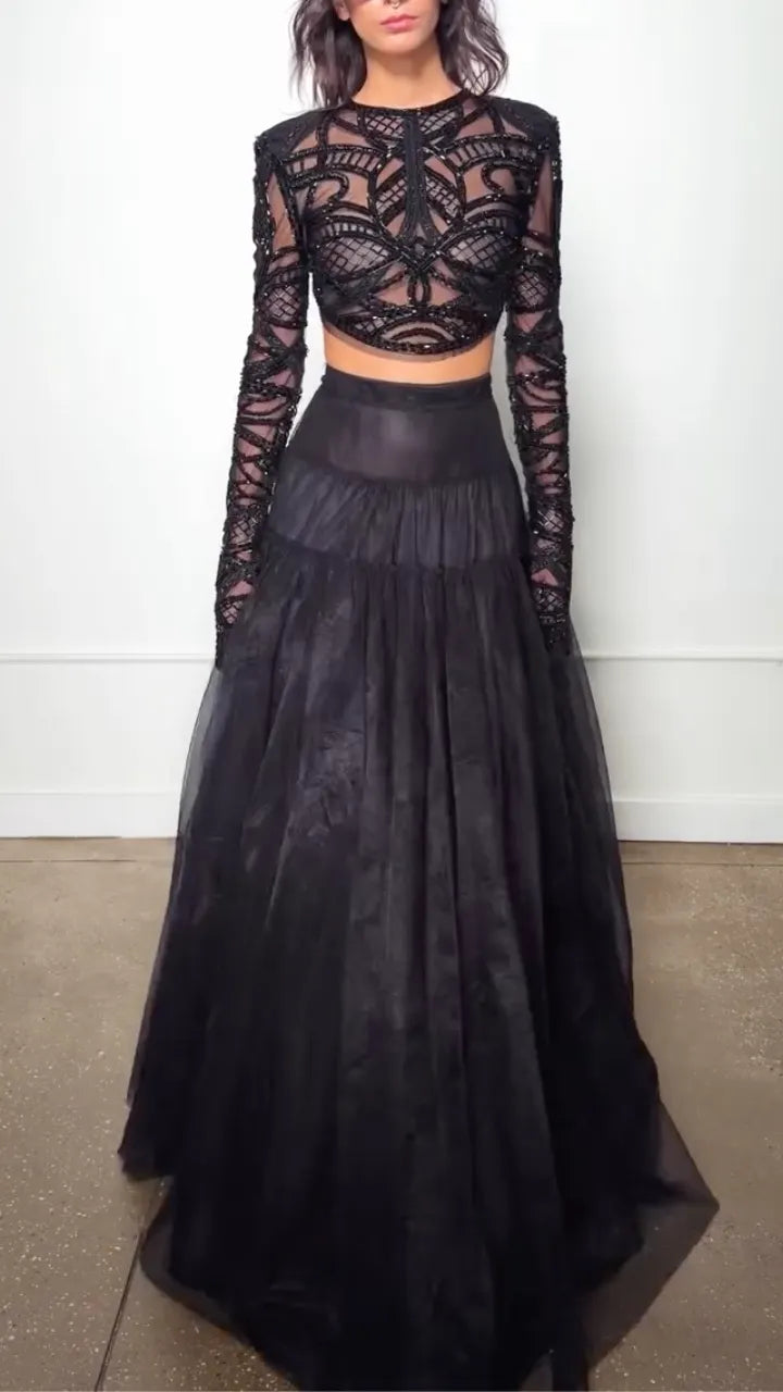 Black Geometric Sheer Crop Top and Tiered Maxi Skirt Set