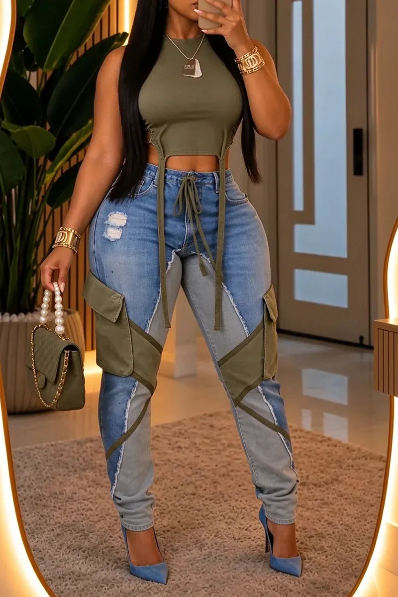 Blue and Olive Patchwork Cargo Jeans