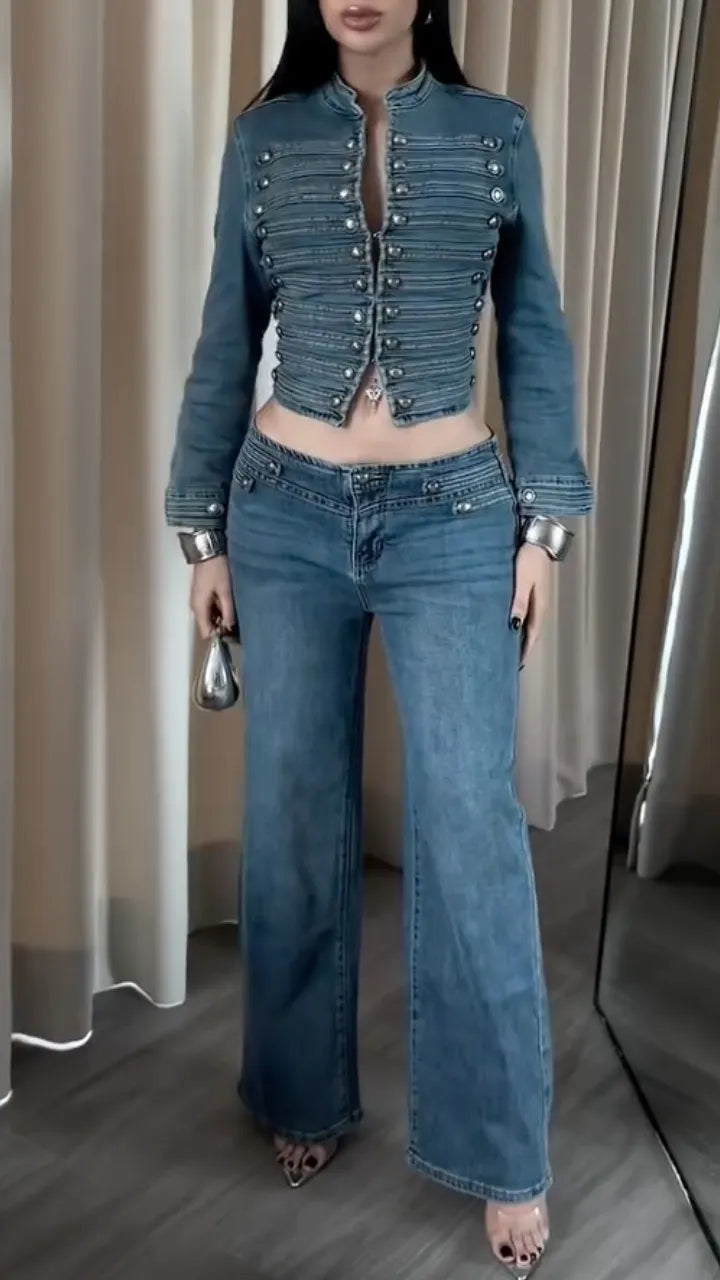 Blue Military-Tab Cropped Denim Jacket and Wide-Leg Jeans Set