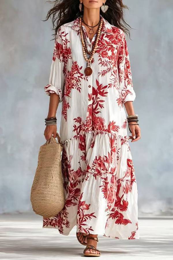 Boho Floral Print Shirt Maxi Dress