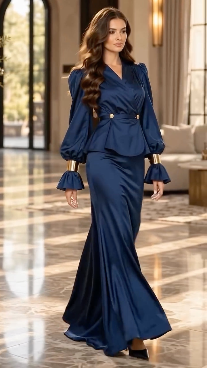 Champagne Wrap-Front Peplum Top and Maxi Skirt Set