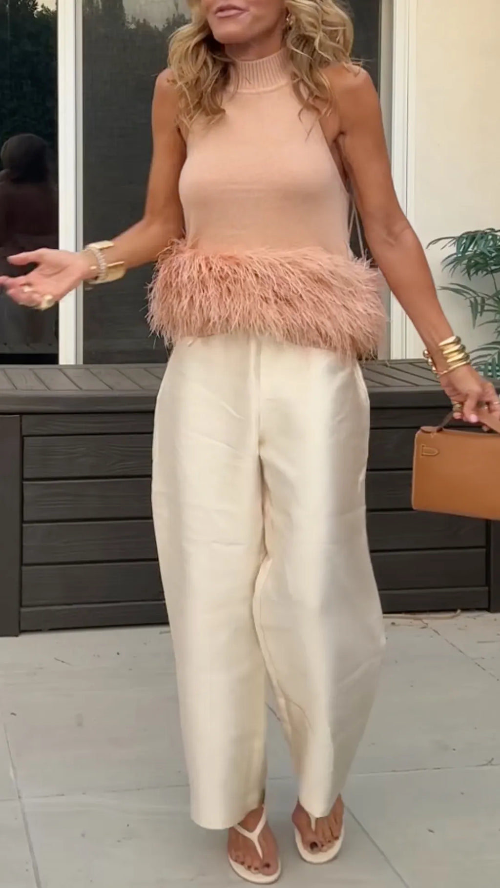 Blush Mock-Neck Sleeveless Feather-Effect Hem Top