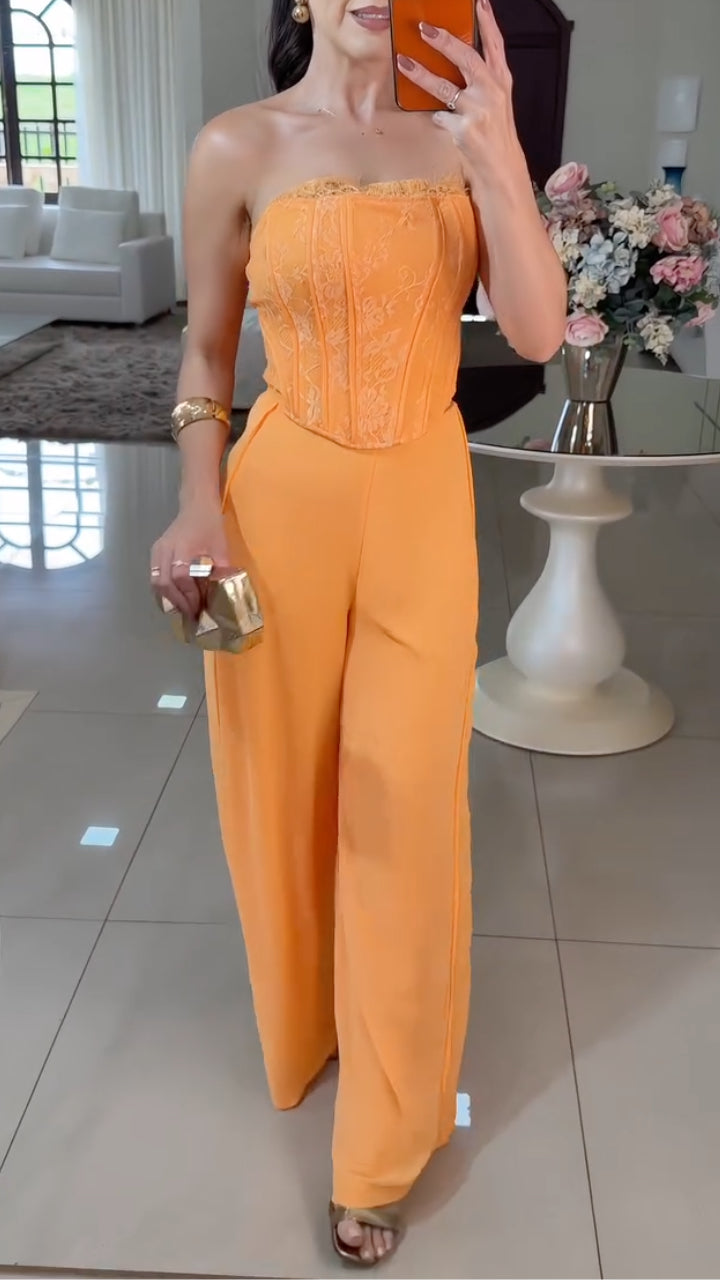 Embroidered Corset & Wide-Leg Pants Set