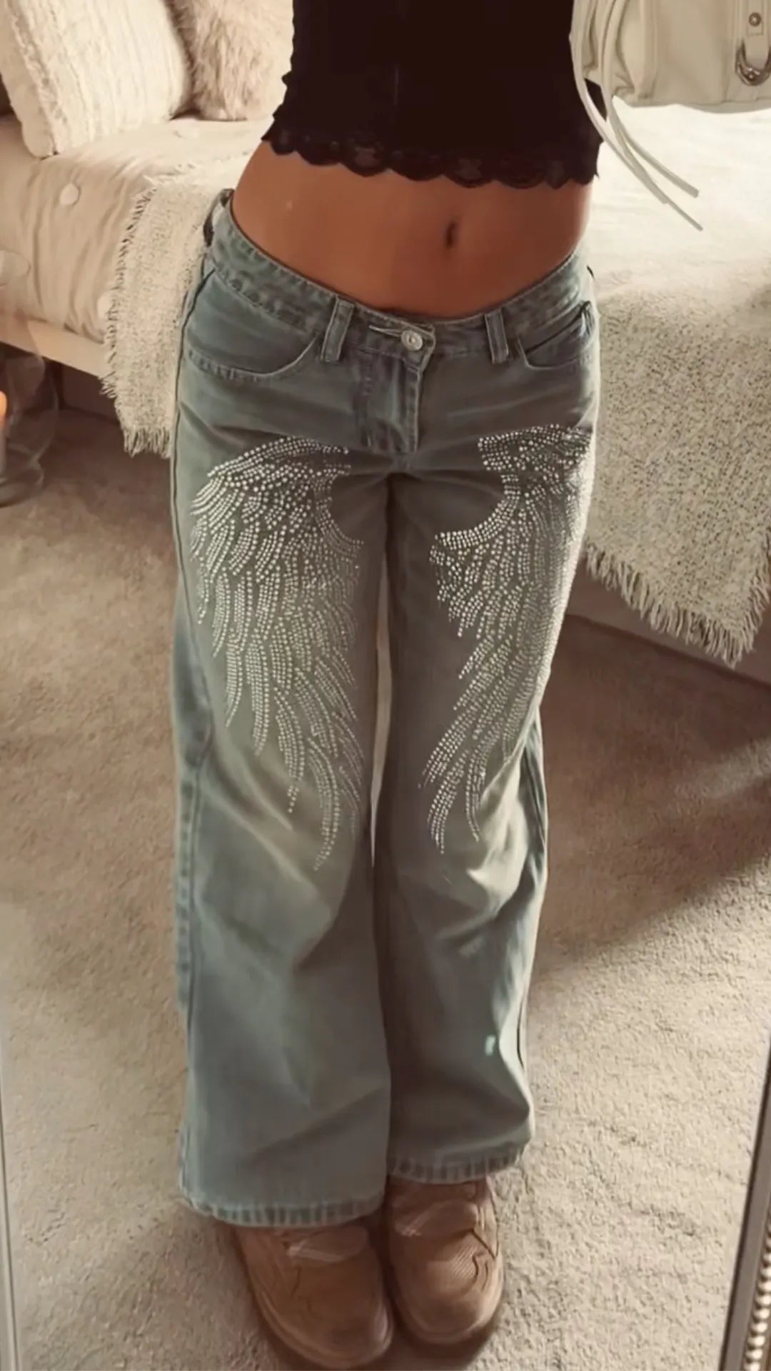 Gray-Green Rhinestone-Wing Wide-Leg Jeans
