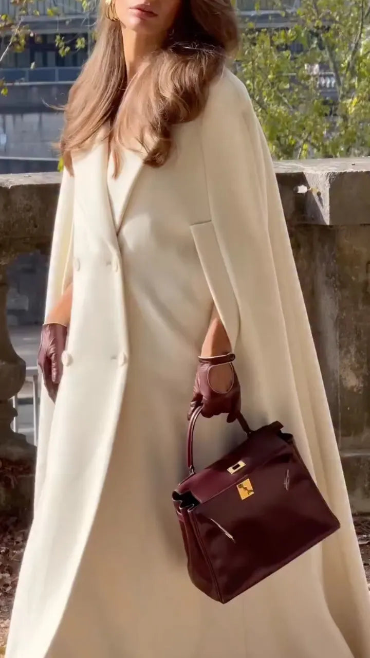 Ivory Double-Breasted Long Cape Coat