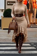 复制Brown Turtleneck Swing Maxi Dress with Teal Lace Hem