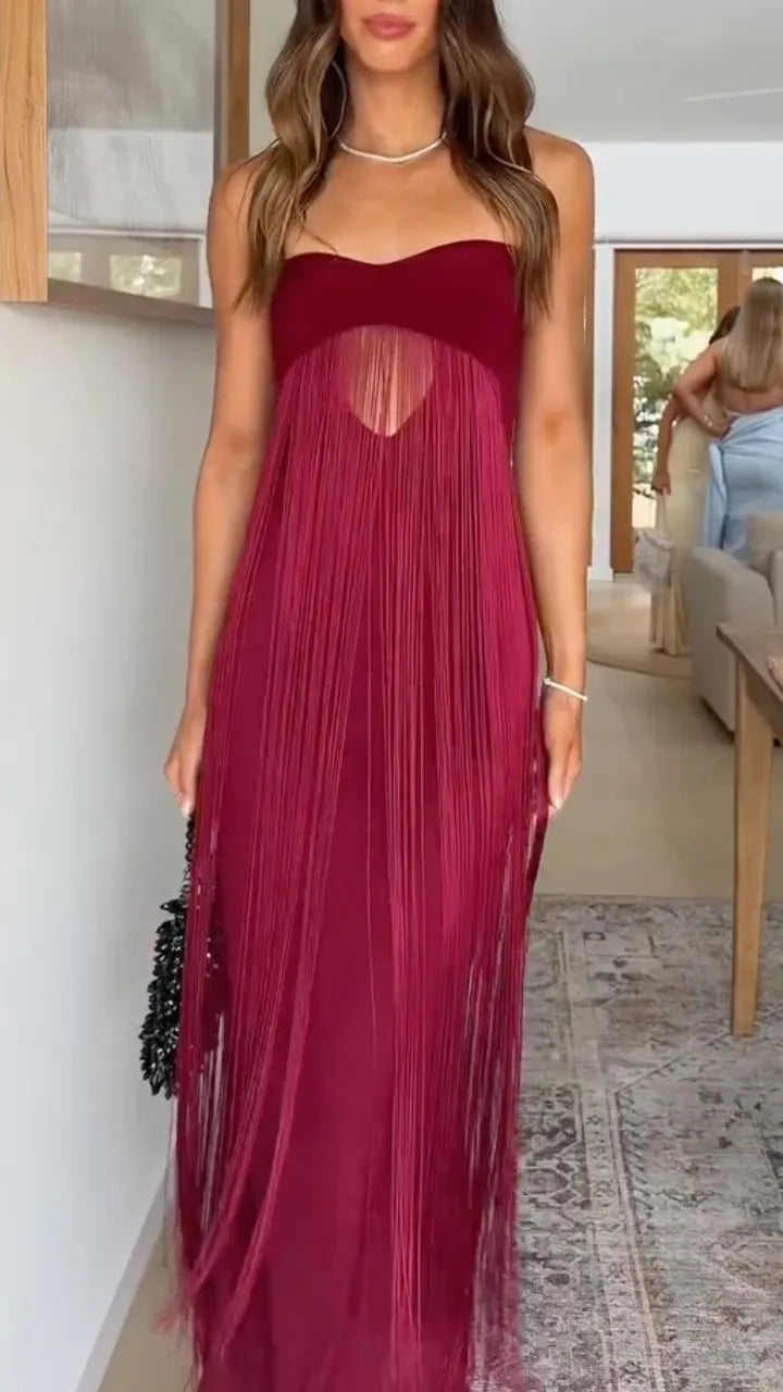 Burgundy Strapless Long-Fringe Maxi Dress