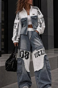 Sport-Stripe Denim Patchwork Jacket & Cargo Wide-Leg Pants Set