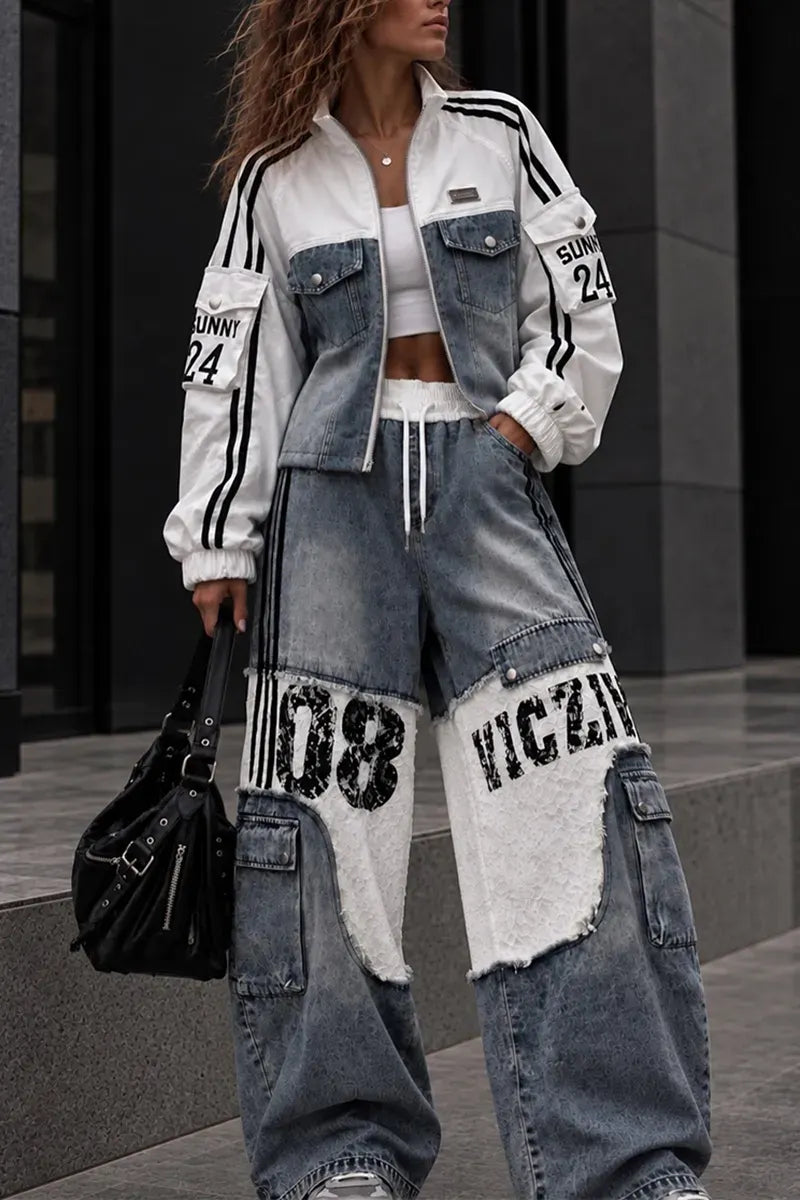Sport-Stripe Denim Patchwork Jacket & Cargo Wide-Leg Pants Set