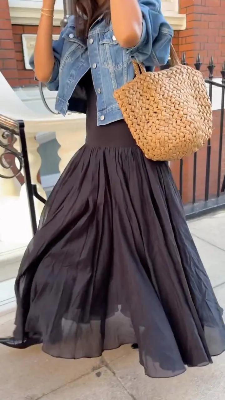 Cropped Denim Jacket & Flowing Maxi Dress Set