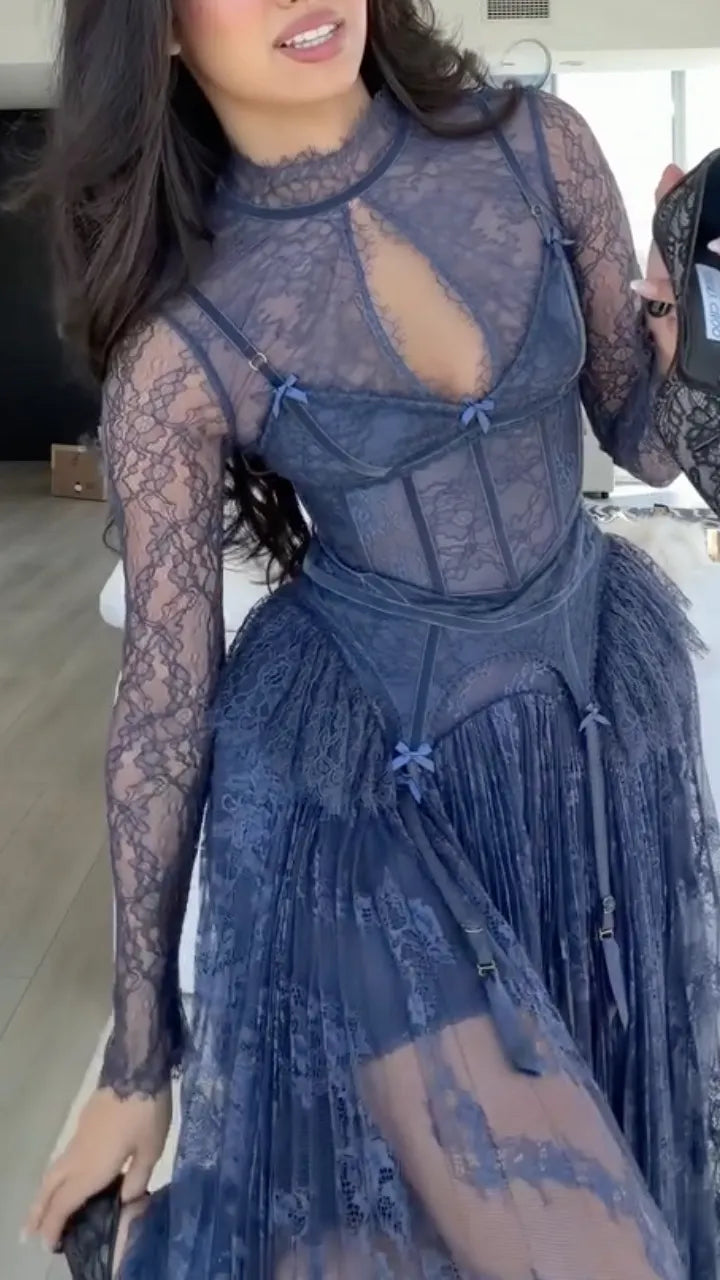 Slate Blue Lace Corset-Style Fringe Midi Dress