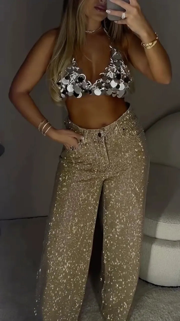 Champagne Allover-Sparkle Wide-Leg Pants