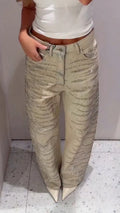 Ecru Wavy Rhinestone-Pattern Wide-Leg Jeans