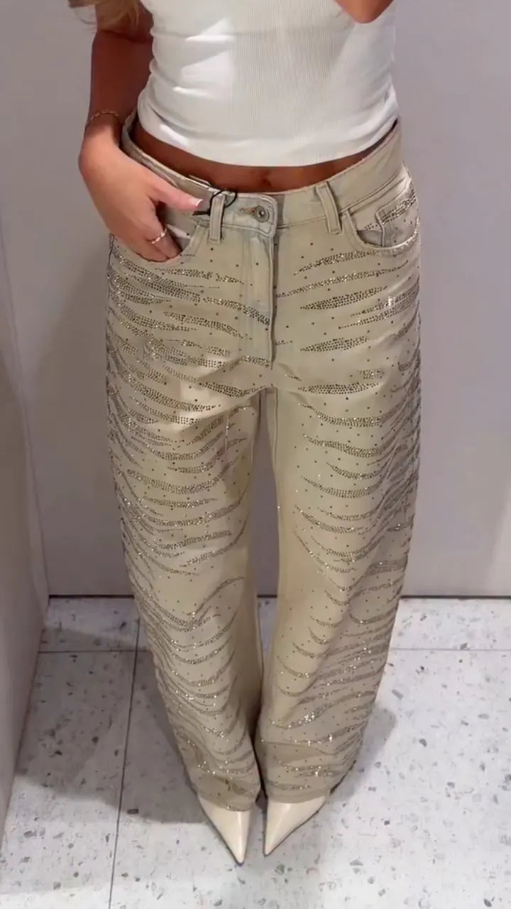Ecru Wavy Rhinestone-Pattern Wide-Leg Jeans