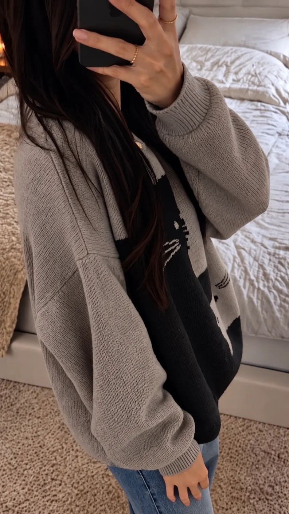 Taupe Black-Cat Graphic Oversized Sweater