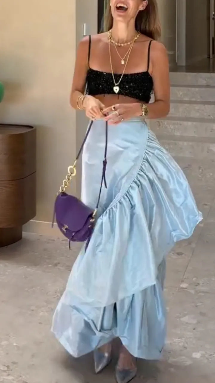 Ice Blue Asymmetric Ruffle Maxi Skirt