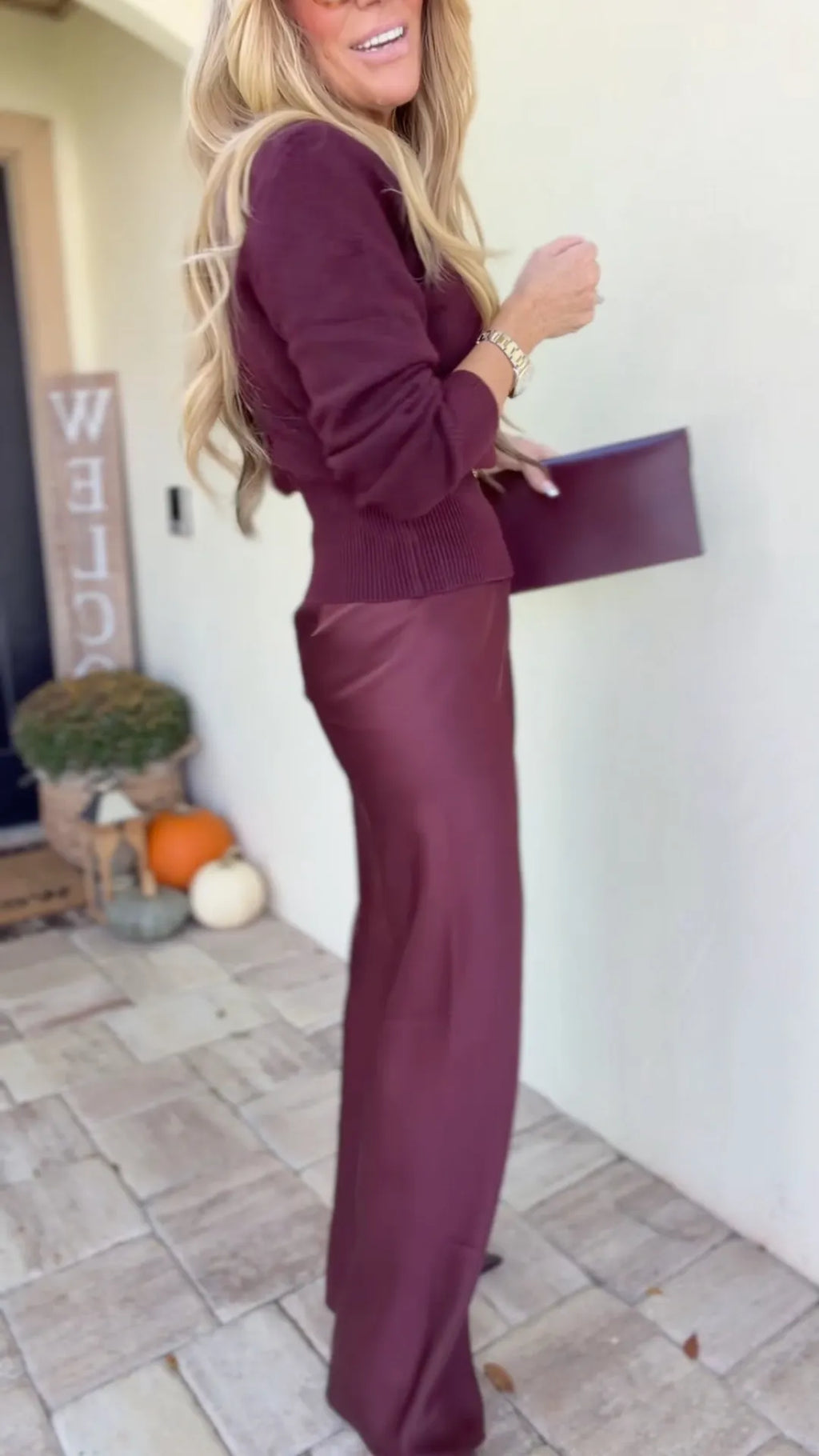 Burgundy Metal-Clasp Keyhole Knit Sweater