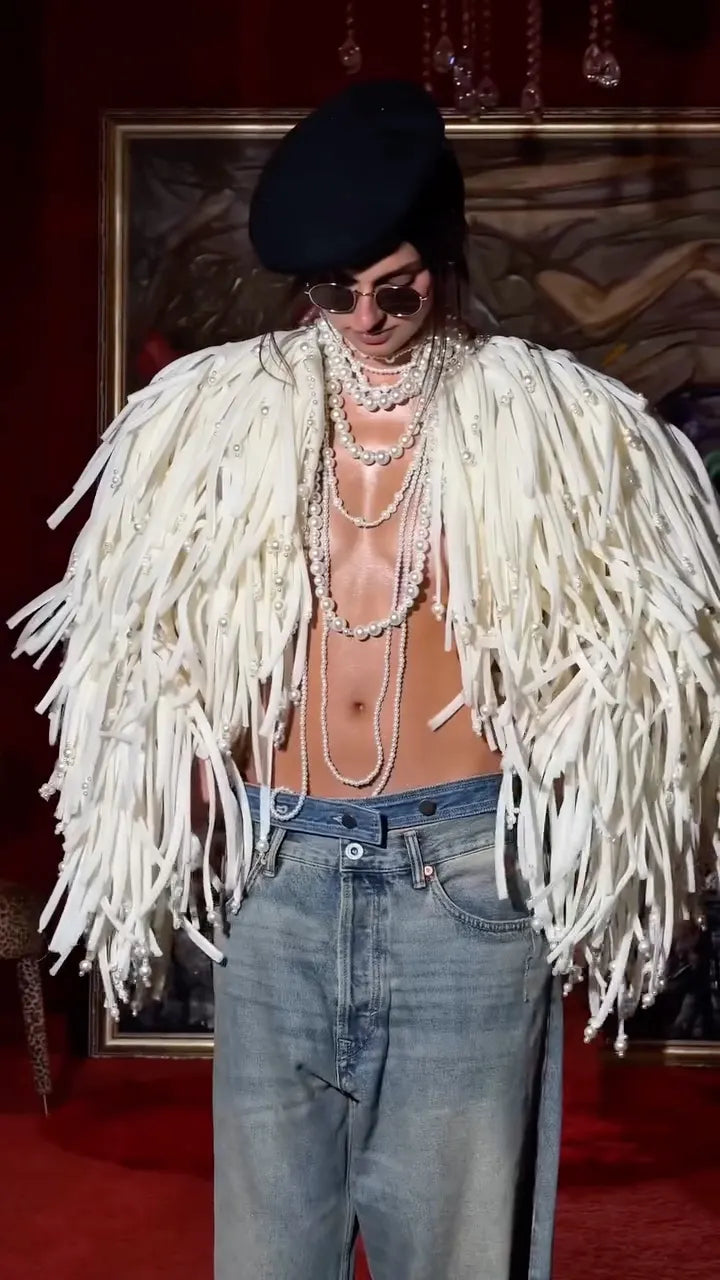Ivory Pearl-Trim Fringe Statement Jacket