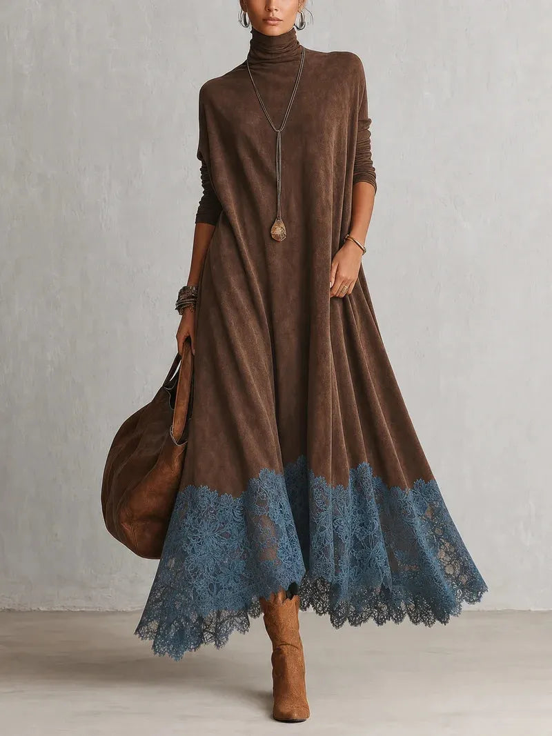 Brown Turtleneck Swing Maxi Dress with Teal Lace Hem