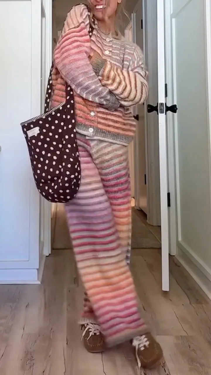 Pastel Striped Knit Cardigan & Wide-Leg Pants Set