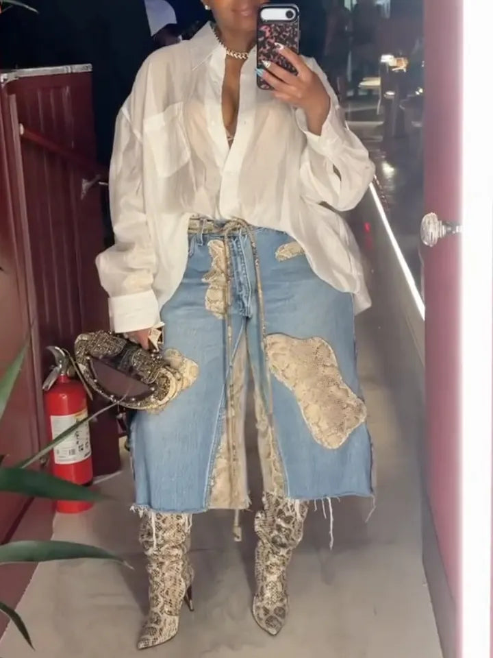 Blue Snake-Print Patchwork Denim Midi Pants