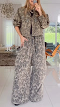 Taupe Leopard-Print Jacket and Wide-Leg Pants Set