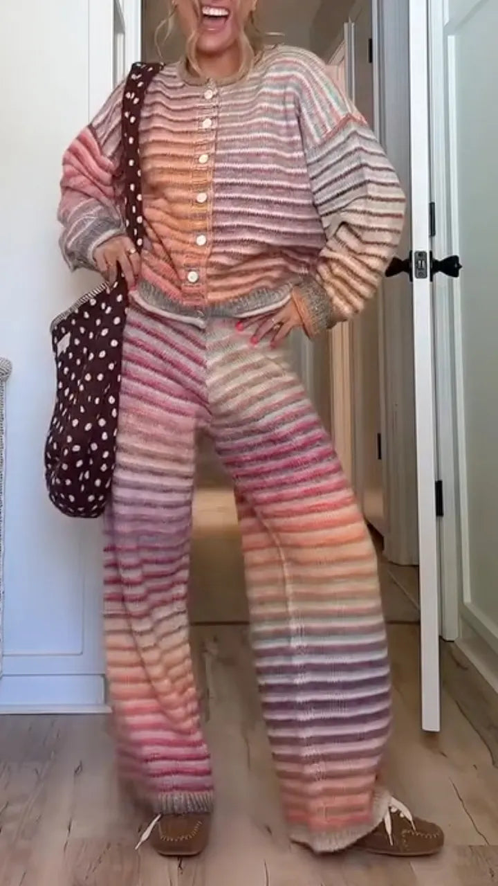 Pastel Striped Knit Cardigan & Wide-Leg Pants Set