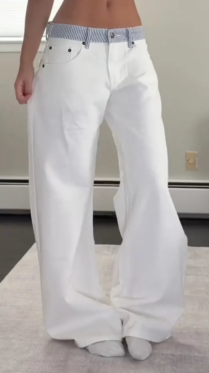 White Striped-Waist Wide-Leg Pants