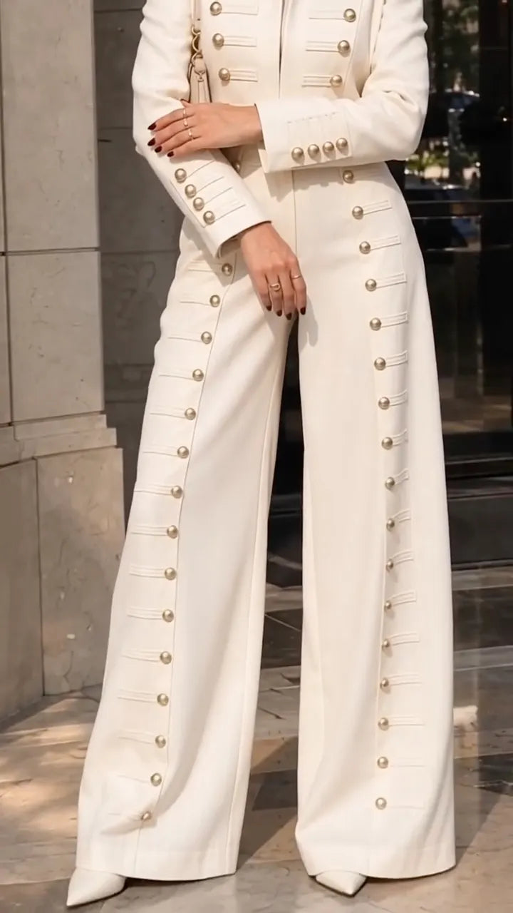 Ivory Military-Button Cropped Jacket and Wide-Leg Pants Set