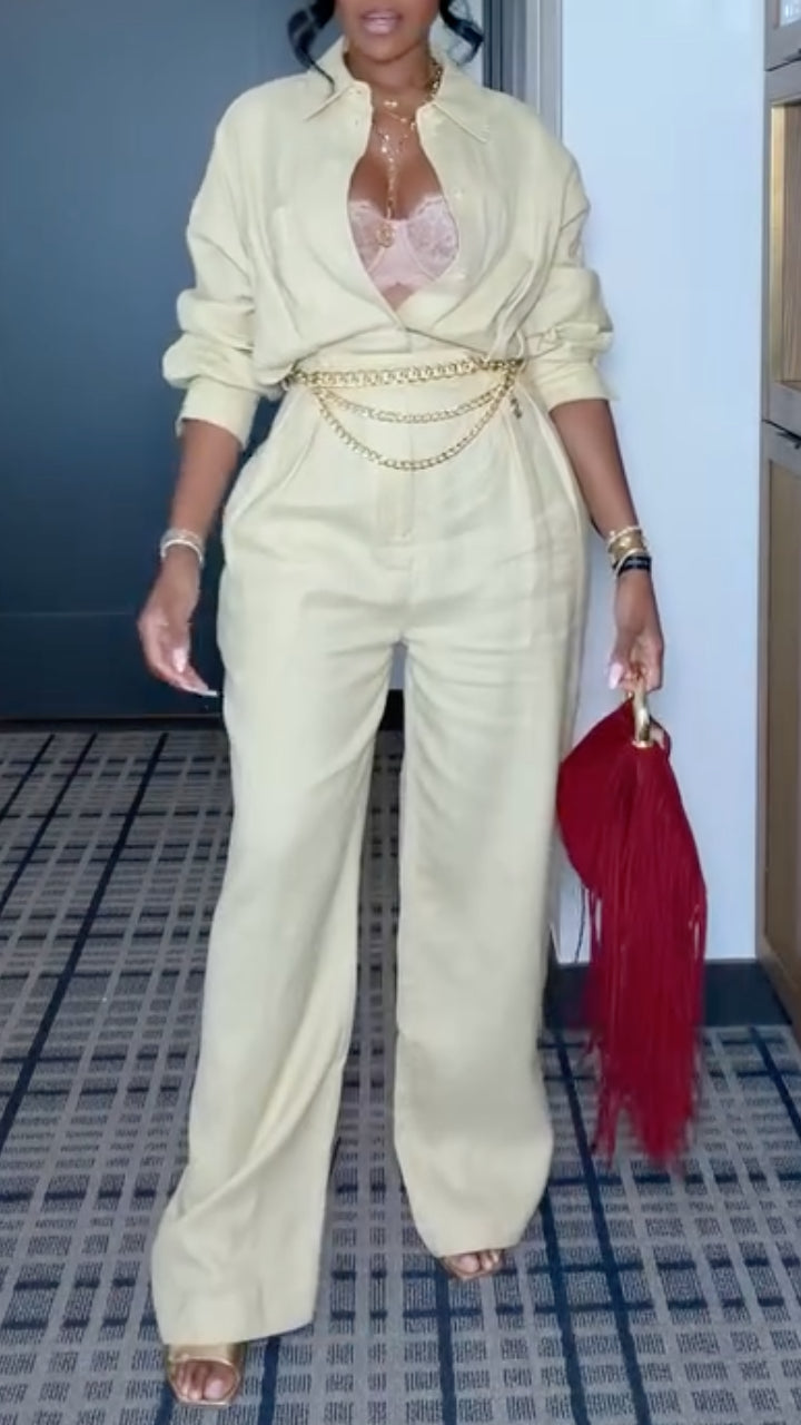 Cream Relaxed Collared Shirt & Wide-Leg Pants Set