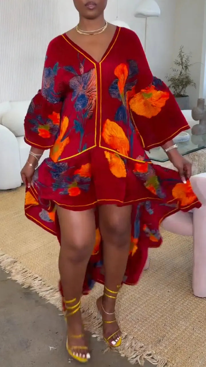 Red Oversized-Floral High-Low Ruffle Dress