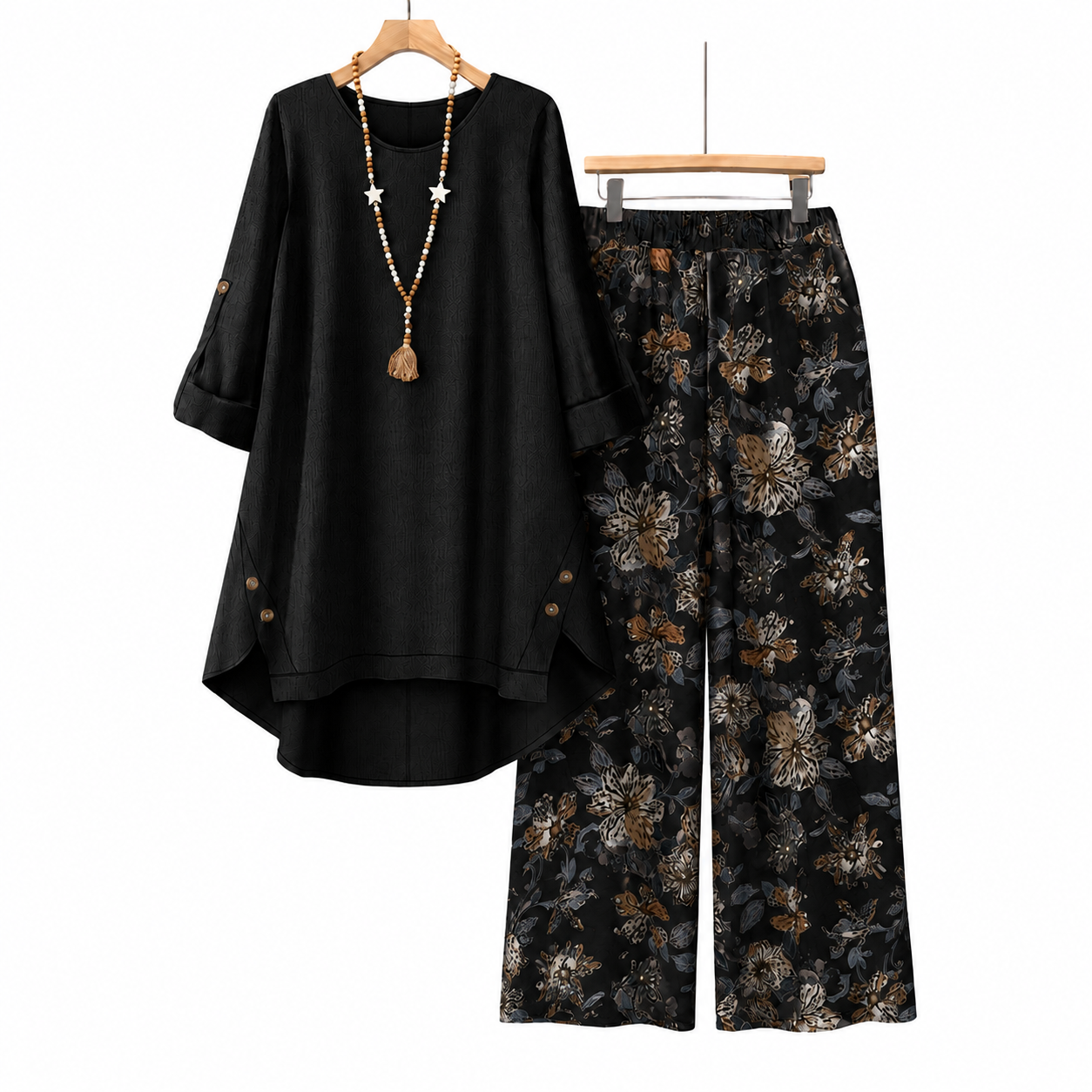 🌸✨ Printed Mid-Sleeve Top & Floral Wide-Leg Pants Set