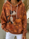 Women's Halloween Pumpkin Cat Maple Leaf Print Sweatshirt