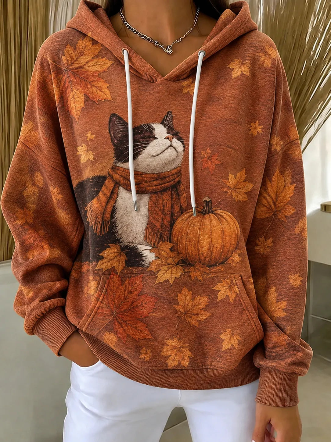 Women's Halloween Pumpkin Cat Maple Leaf Print Sweatshirt