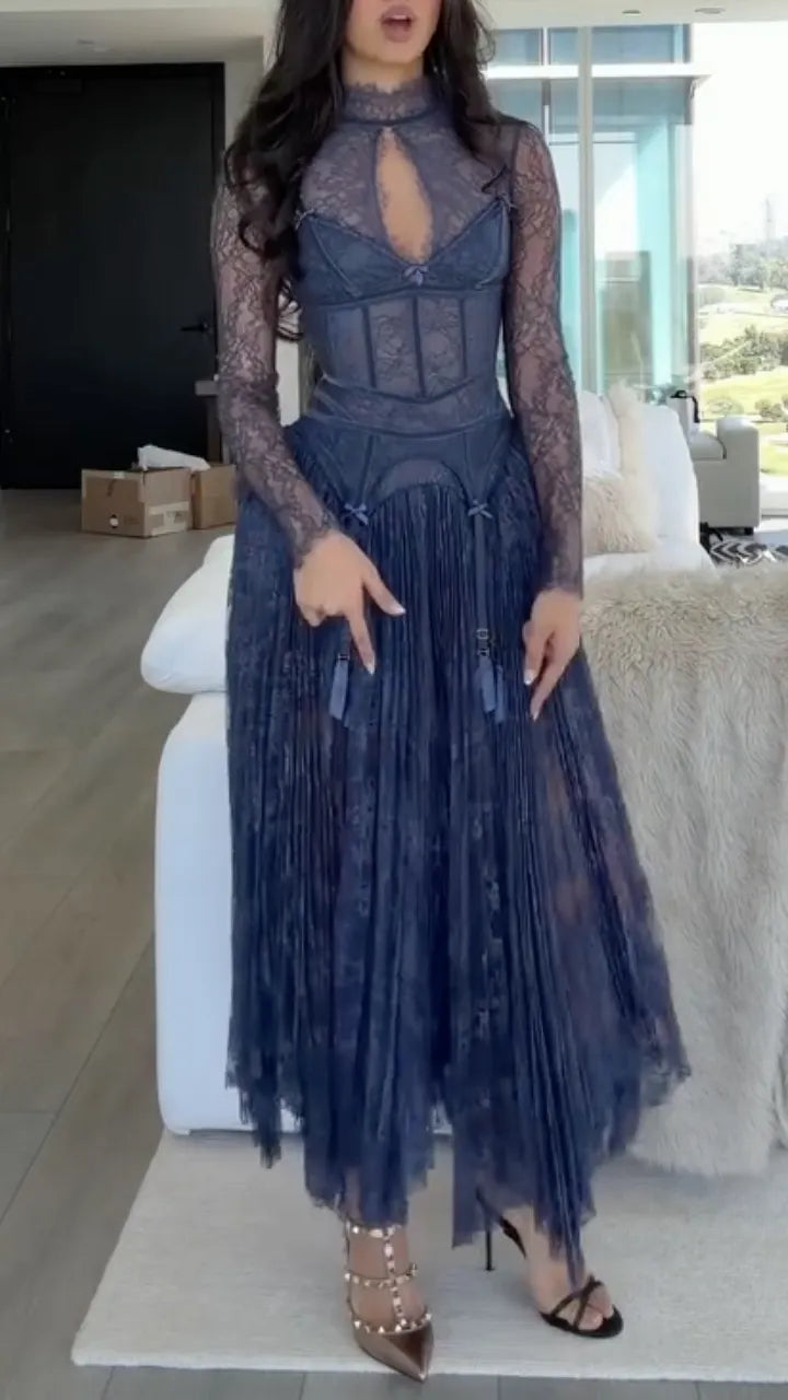 Slate Blue Lace Corset-Style Fringe Midi Dress