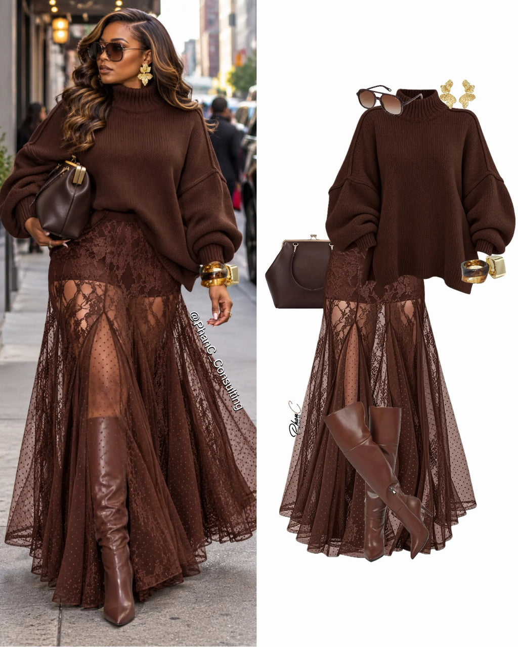 Chocolate Turtleneck Sweater and Sheer Lace Maxi Skirt Set