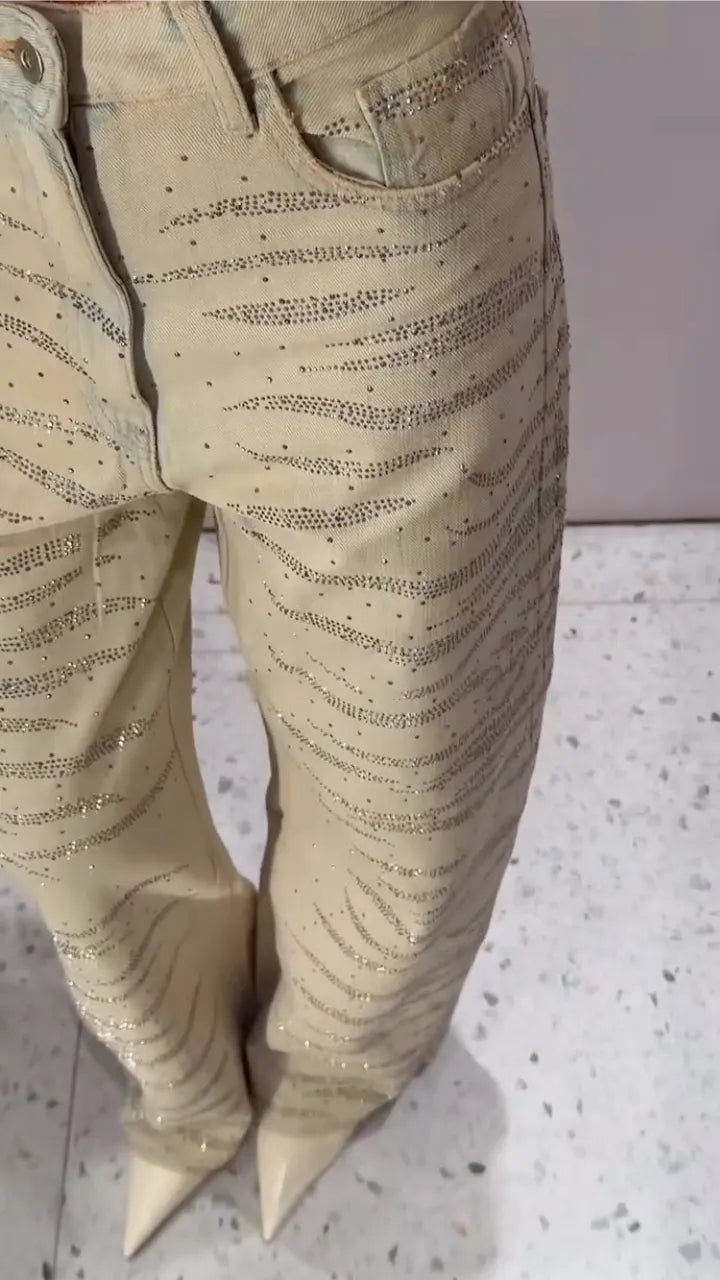 Ecru Wavy Rhinestone-Pattern Wide-Leg Jeans