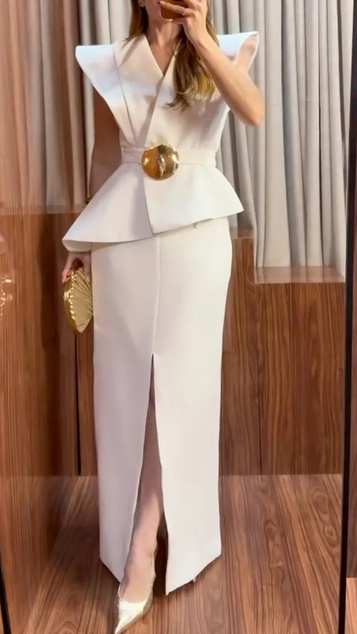 Ivory Sculpted-Shoulder Peplum Top & Slit Maxi Skirt Set