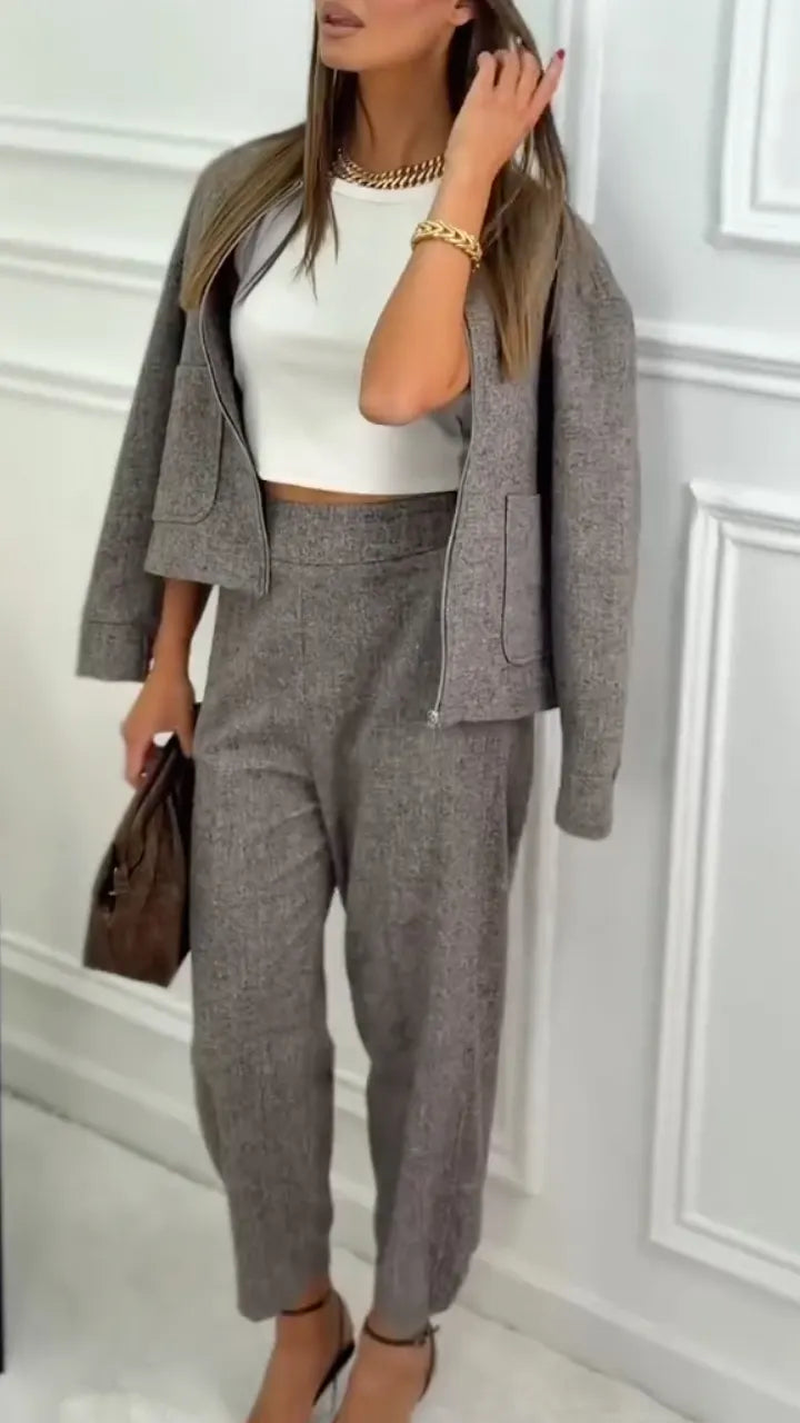 Textured Cropped Jacket & Tapered Pants Set