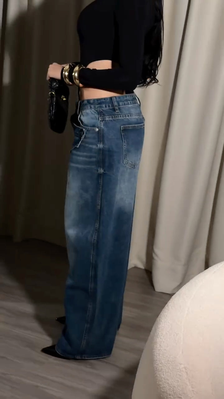Blue Double-Waist Asymmetric-Panel Barrel Jeans