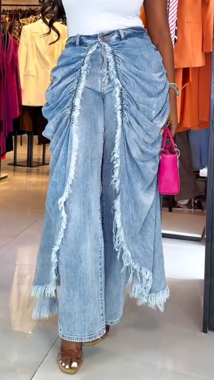 Light Blue Draped-Overlay Raw-Edge Jeans